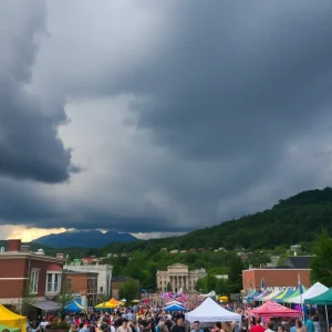 View of Asheville NC with storm clouds and festival activities