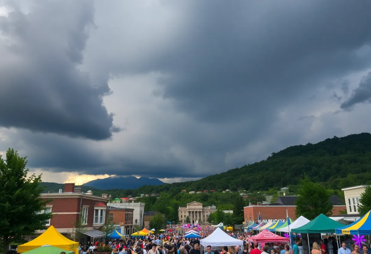 View of Asheville NC with storm clouds and festival activities