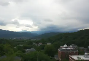 Cloudy skies over Asheville NC indicating approaching weather from Tropical Storm Imelda.