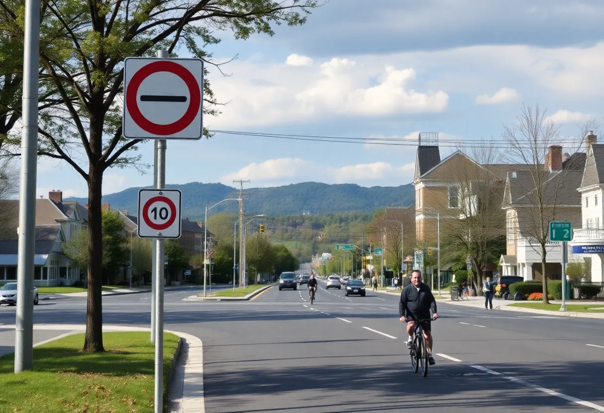 Cyclists and pedestrians on Asheville city roads with speed limit signage.
