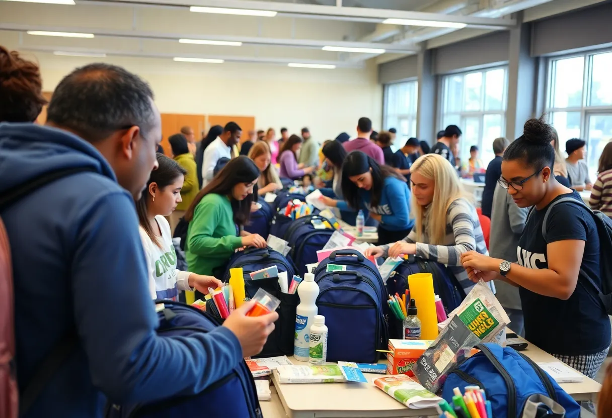 Volunteers packing backpacks at a community event.