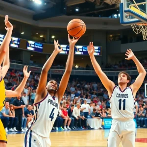 Men's basketball game in a packed arena