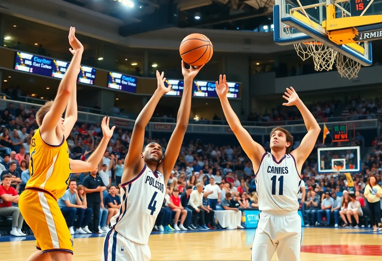 Men's basketball game in a packed arena