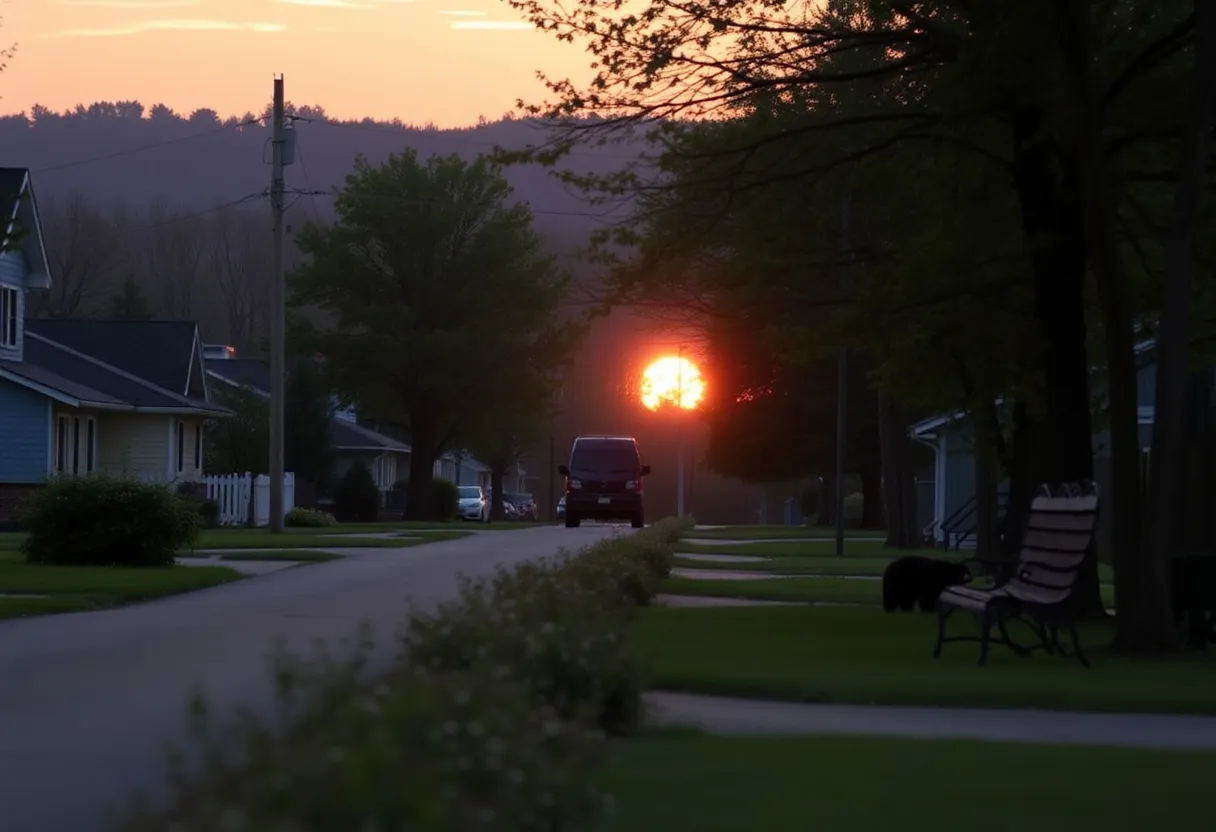 A black bear in an Asheville neighborhood during sunset.