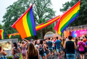 Attendees celebrating at the Blue Ridge Pride Festival with rainbow colors and festive decorations.