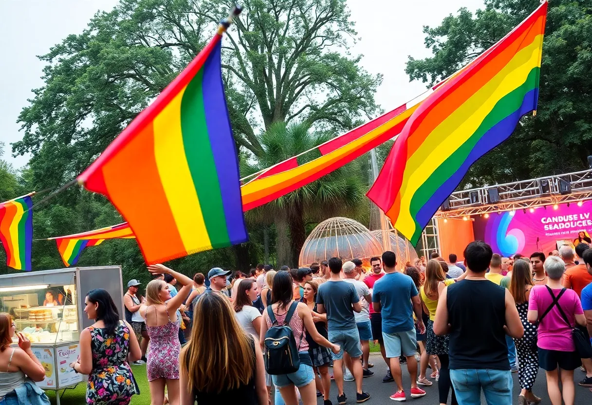 Attendees celebrating at the Blue Ridge Pride Festival with rainbow colors and festive decorations.