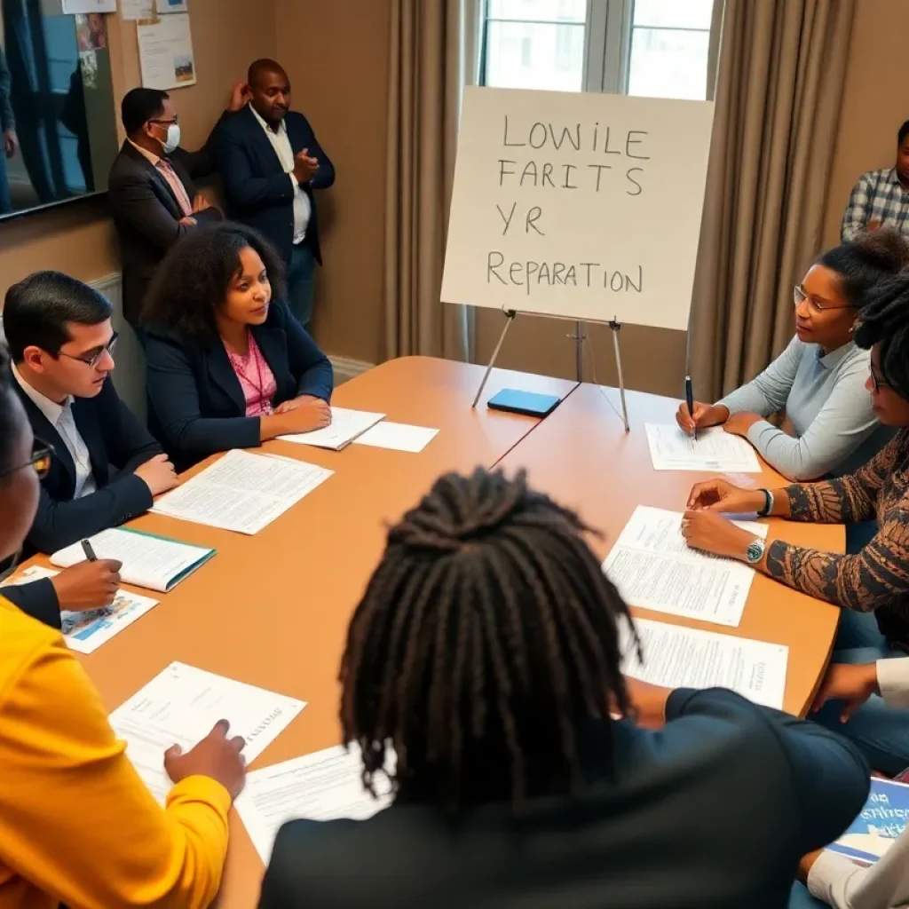 A diverse group of community members discussing reparations proposals.