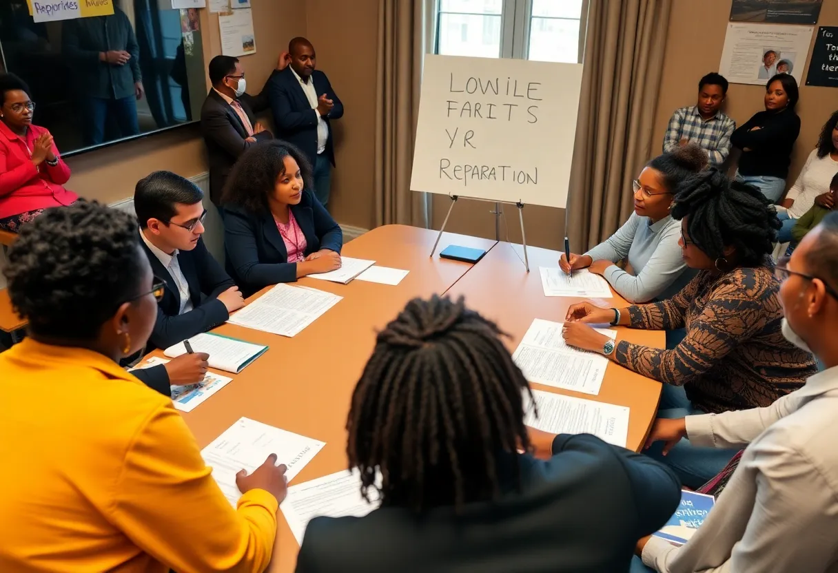 A diverse group of community members discussing reparations proposals.