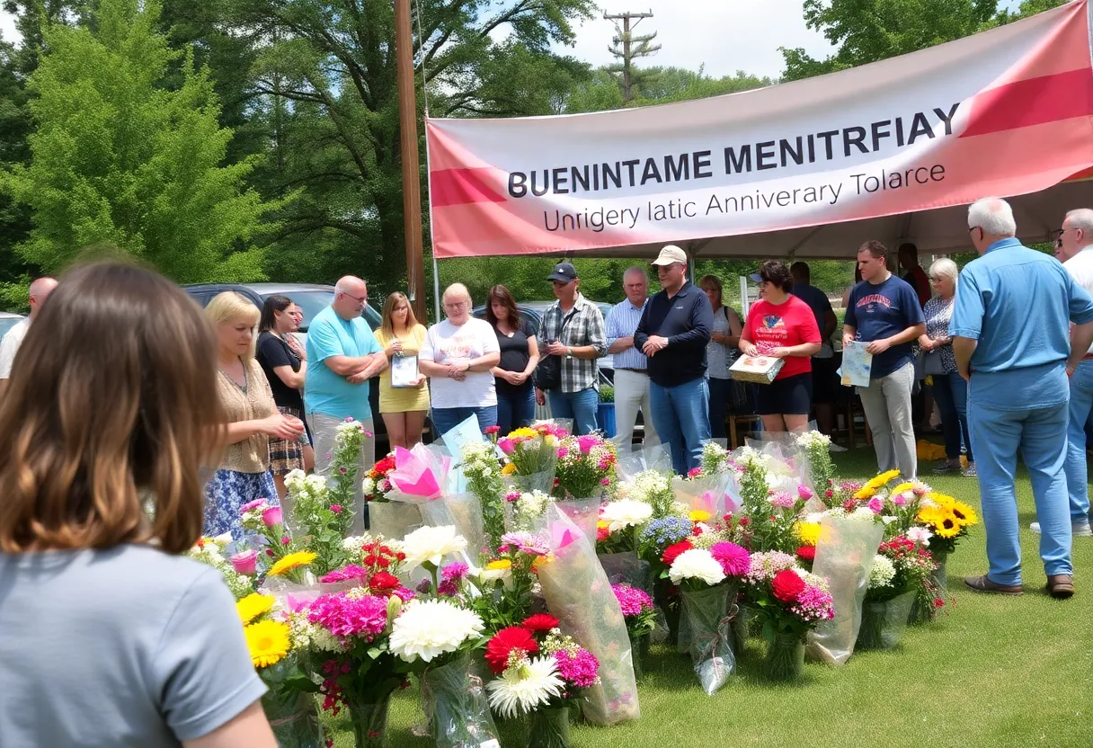 Community members gather for the anniversary of Hurricane Helene, holding flowers and banners.