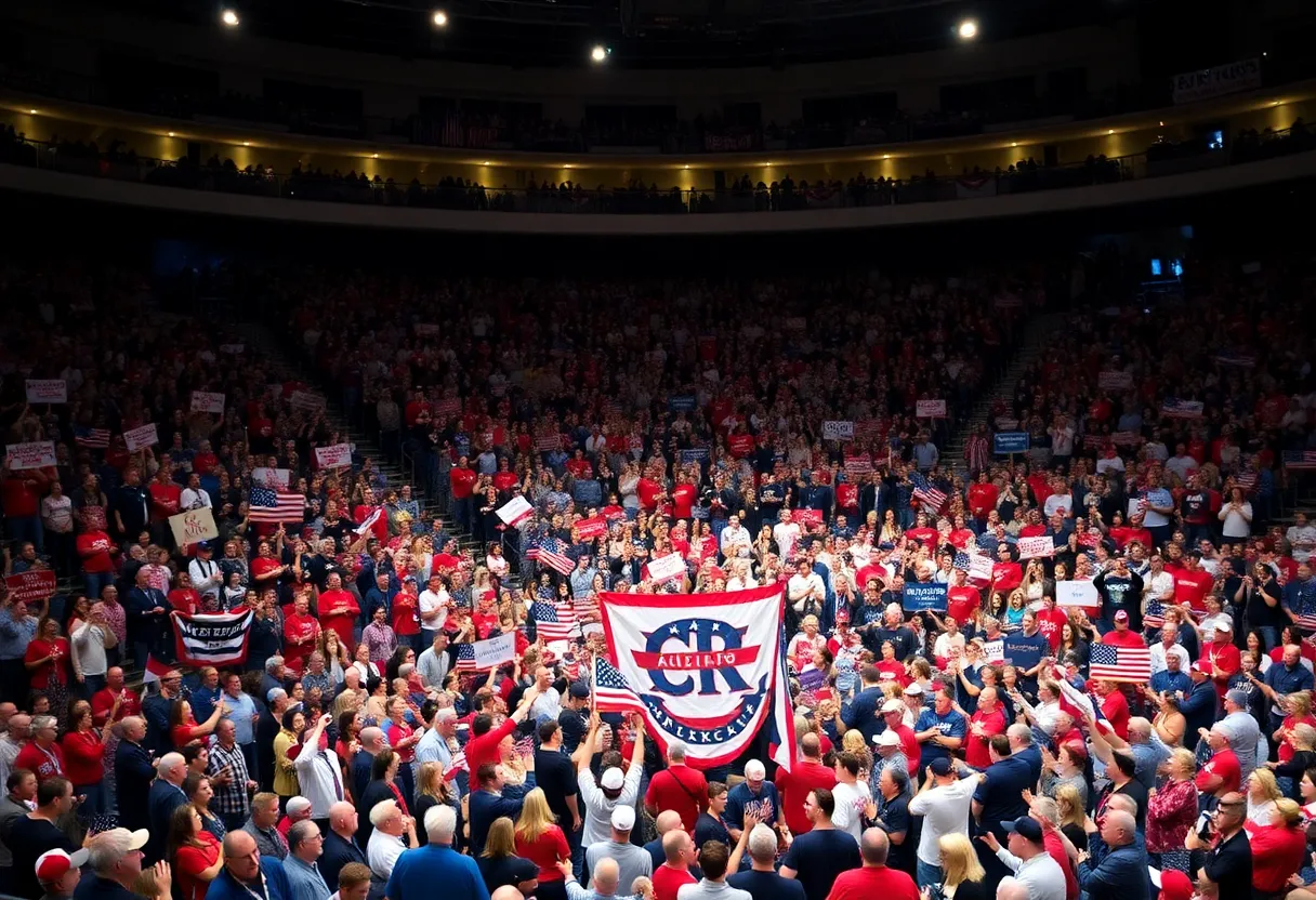 Crowd at memorial service honoring Charlie Kirk with flags and patriotic attire.