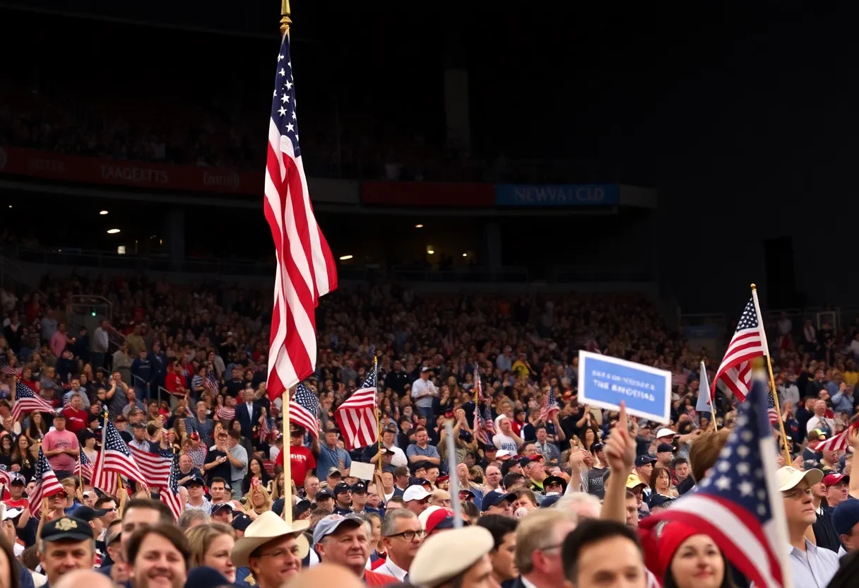 Crowd gathered at a memorial event with patriotic displays.