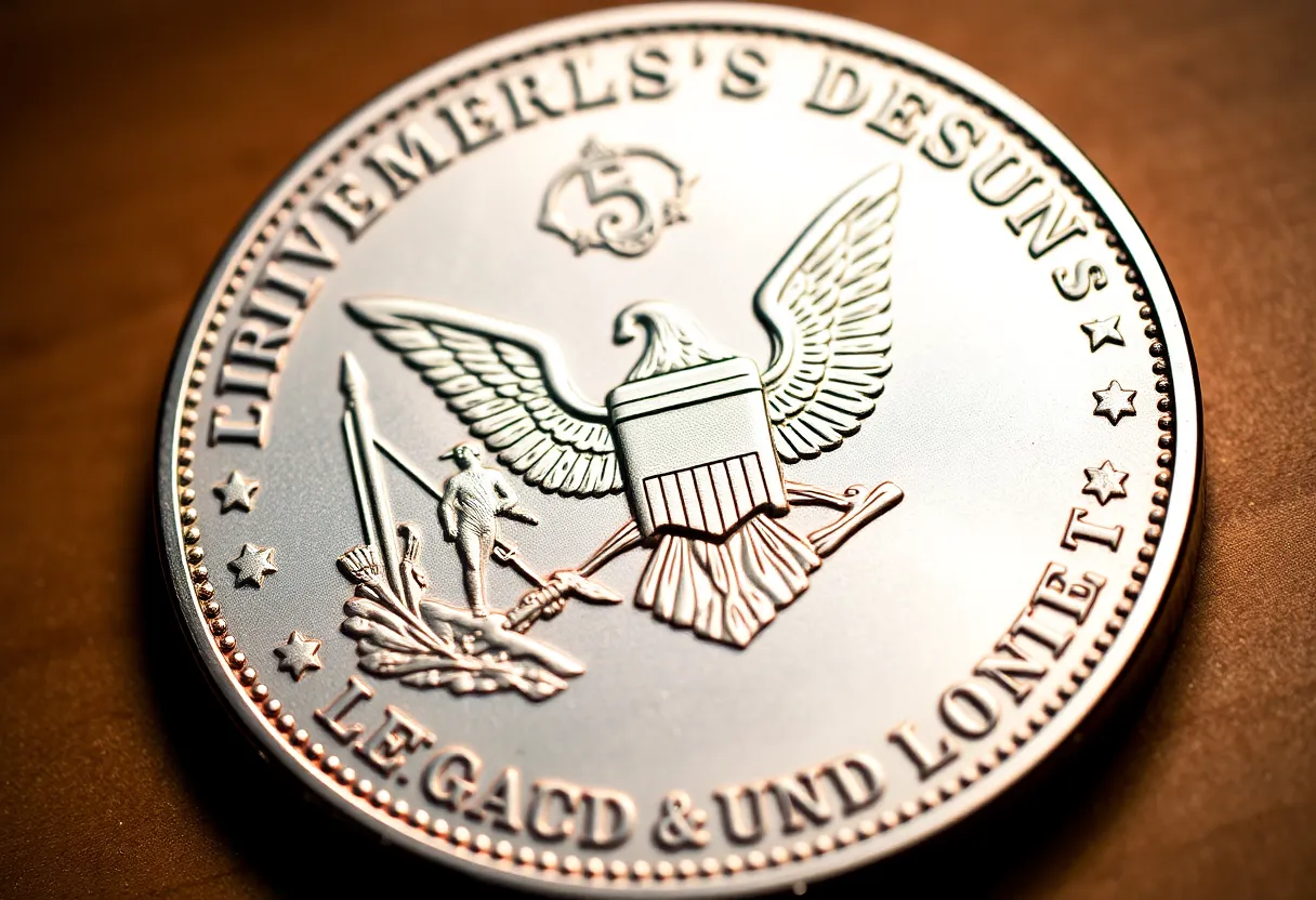 Proposed design for a commemorative coin honoring a notable figure with historical symbols.