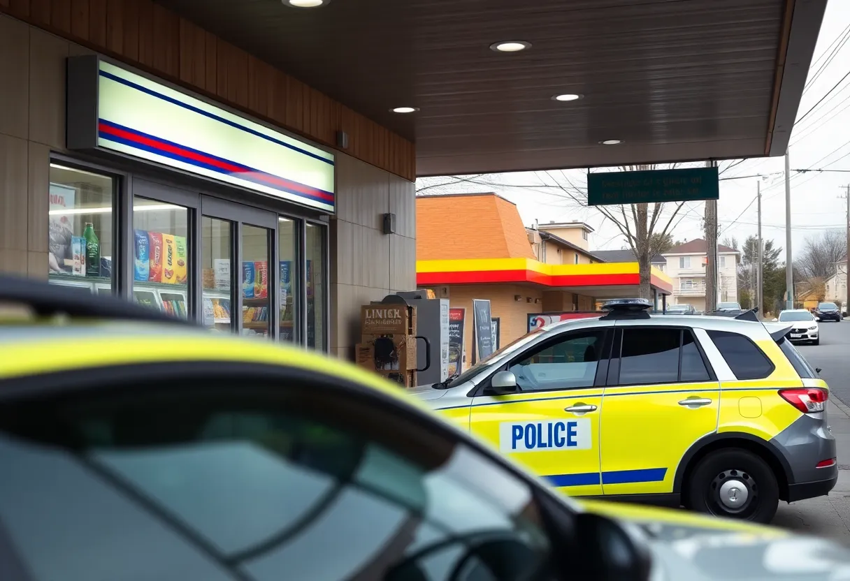 Exterior view of a convenience store with a police presence