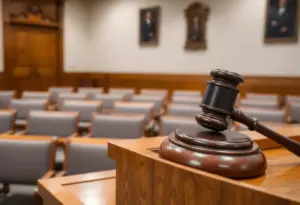 Empty courtroom with a gavel on the judge's podium.