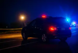 Police lights at a crime scene on Interstate 26 east.