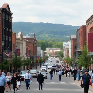 A bustling street scene in downtown Asheville showcasing local shops and people.