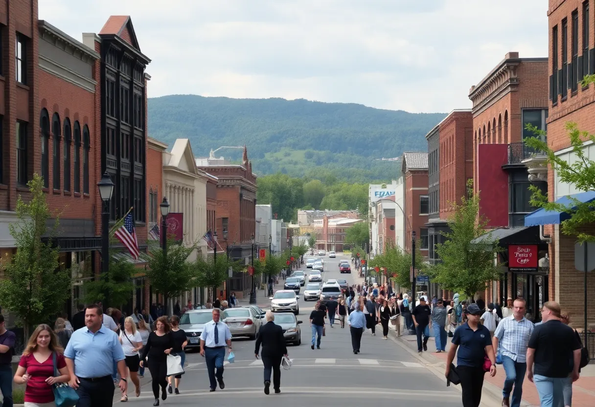 A bustling street scene in downtown Asheville showcasing local shops and people.