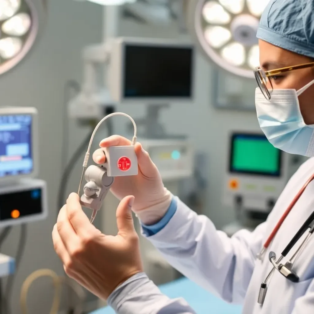 Medical professional showcasing EmStop™ device in a hospital setting.