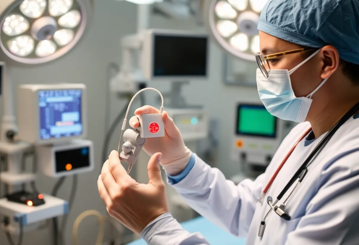 Medical professional showcasing EmStop™ device in a hospital setting.