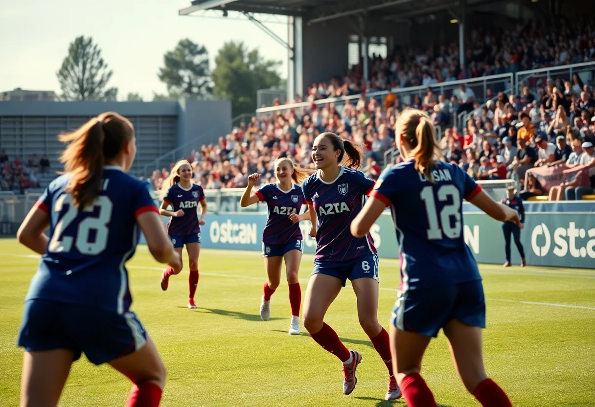 Furman women's soccer team celebrates scoring a goal during a match