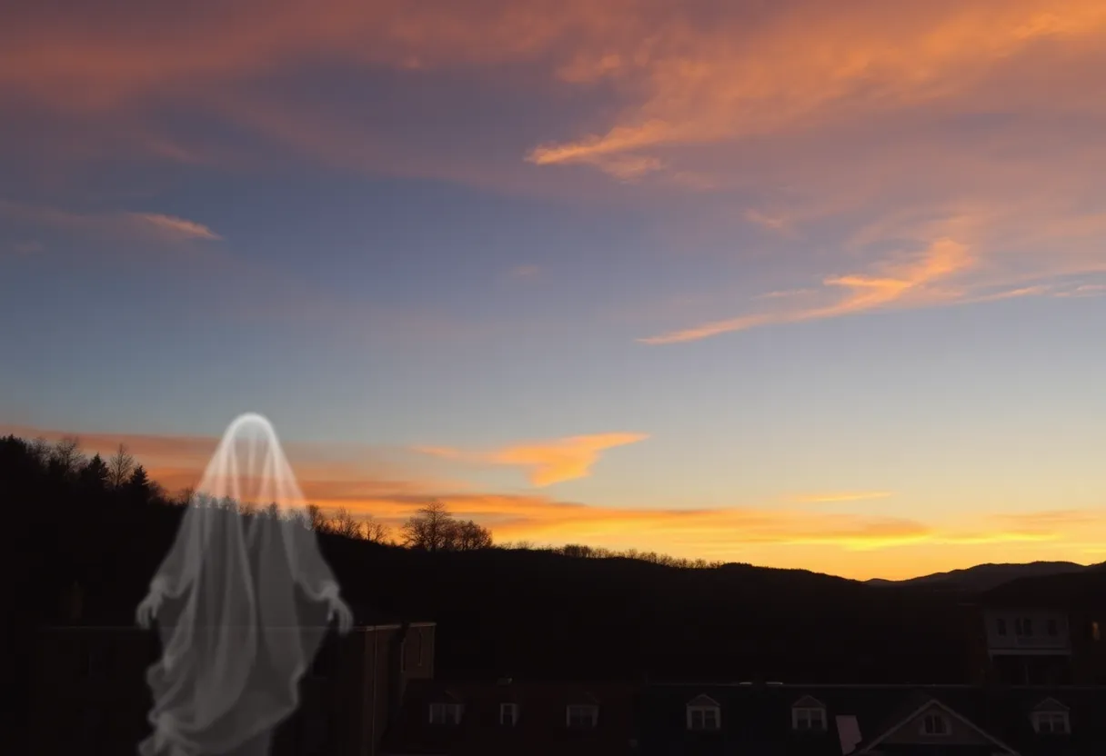 A picturesque view of Asheville with hints of ghostly legends.