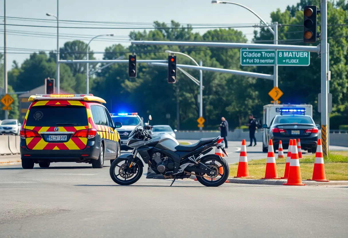 Scene of a motorcycle accident investigation with police and vehicles
