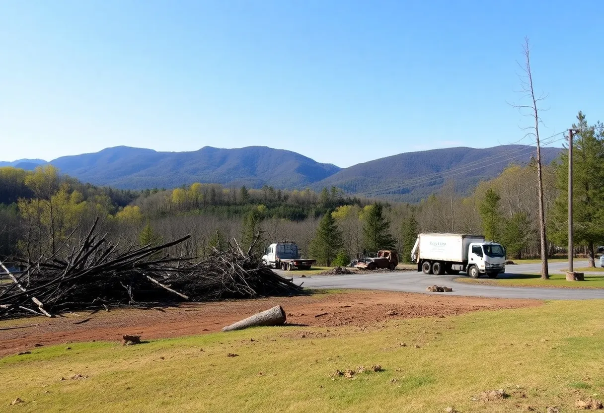 Trucks clearing storm debris at North Fork Reservoir in Asheville