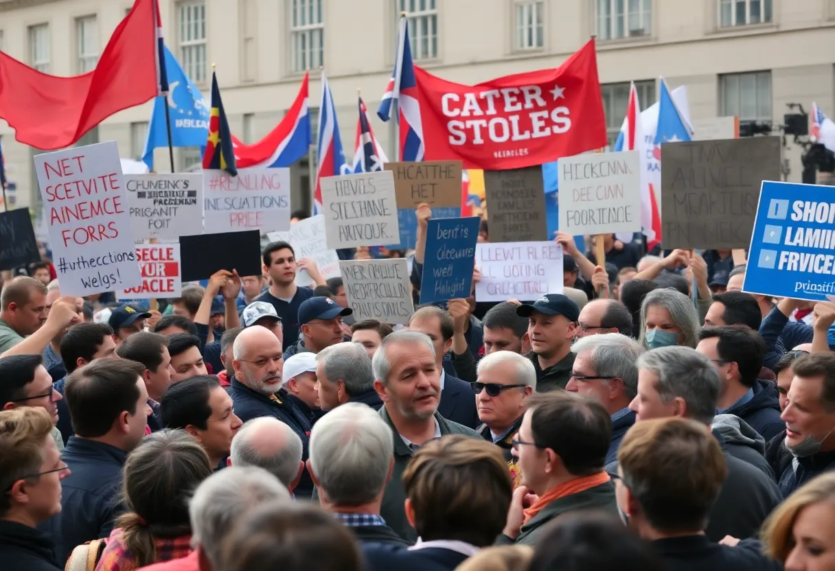 A diverse crowd engaging in political discussions after an assassination