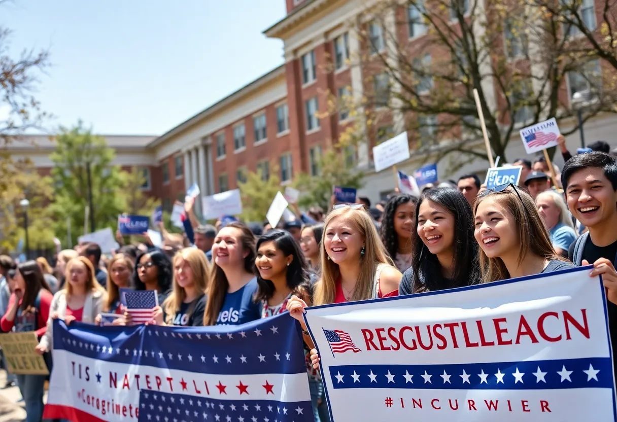 A diverse group of young Republicans promoting conservative values at a campus event.