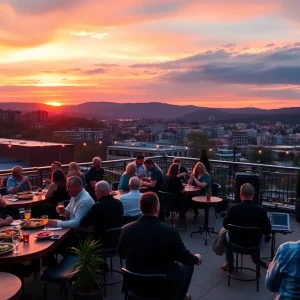 Participants enjoying Rooftop for Relief fundraiser at Soprana Rooftop Cucina in Asheville