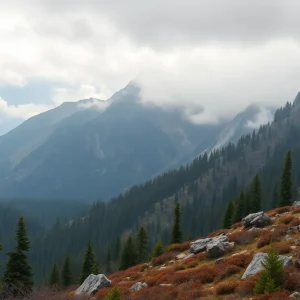 Stormy weather over rugged terrain in a national forest