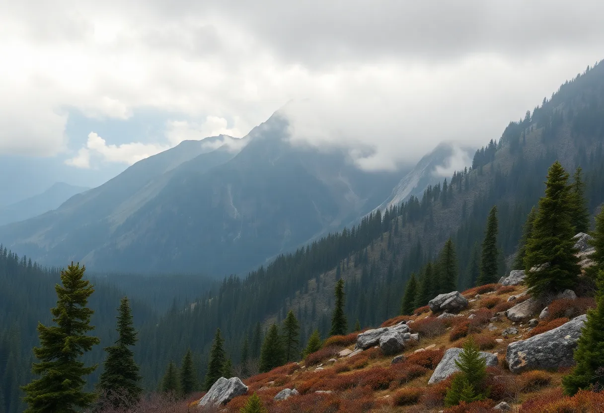 Stormy weather over rugged terrain in a national forest