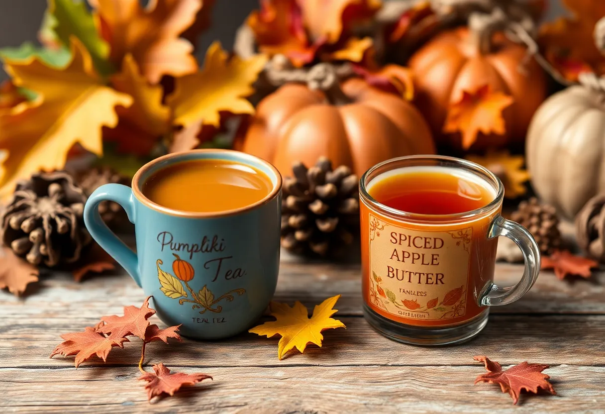 Cups of Pumpkin Pie Chai and Spiced Apple Butter tea surrounded by autumn leaves.