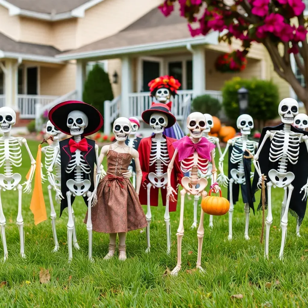 Colorful yard display featuring whimsical skeletons in Asheville