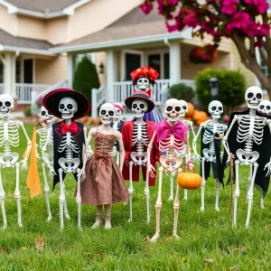 Humorous skeleton scenes in a yard display in Asheville, North Carolina.
