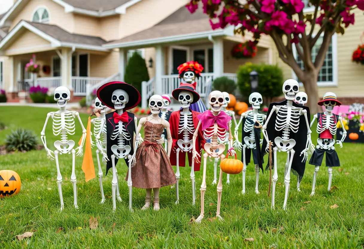 Humorous skeleton scenes in a yard display in Asheville, North Carolina.