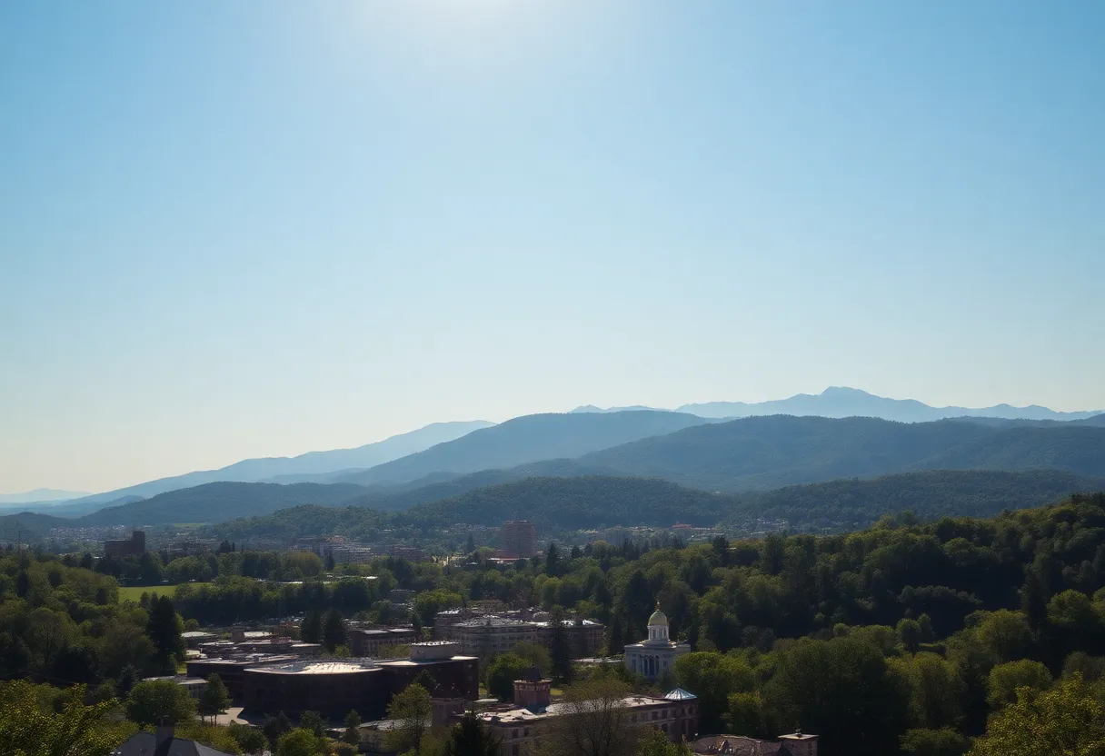 Scenic view of Asheville, NC with sunny skies and mountains