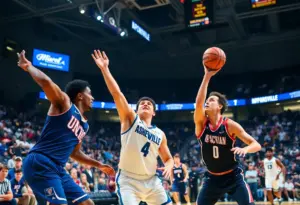 Basketball game between UNC Asheville and Appalachian State with players in action.