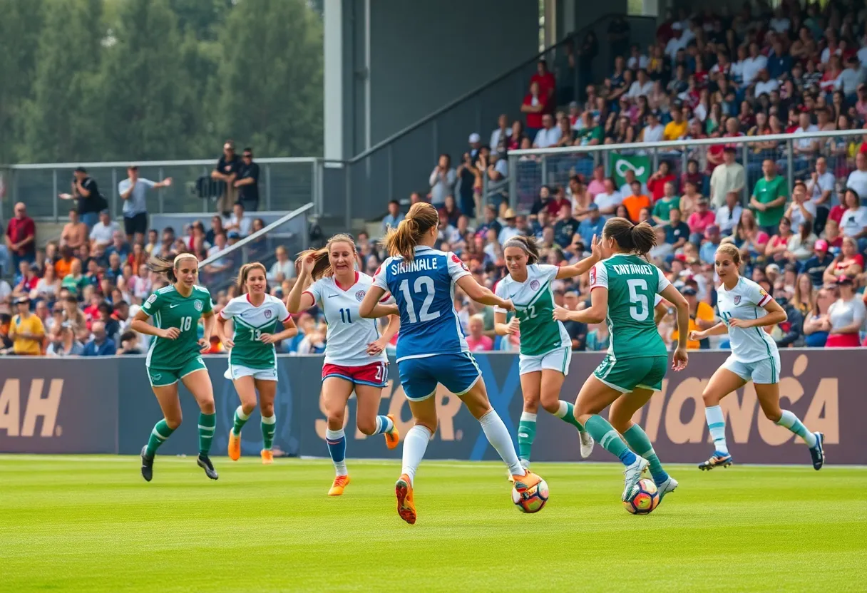 Women soccer players competing in a match