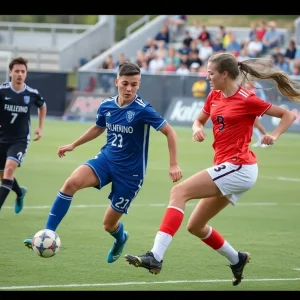 Players from UNC Asheville celebrating their victory in a soccer match