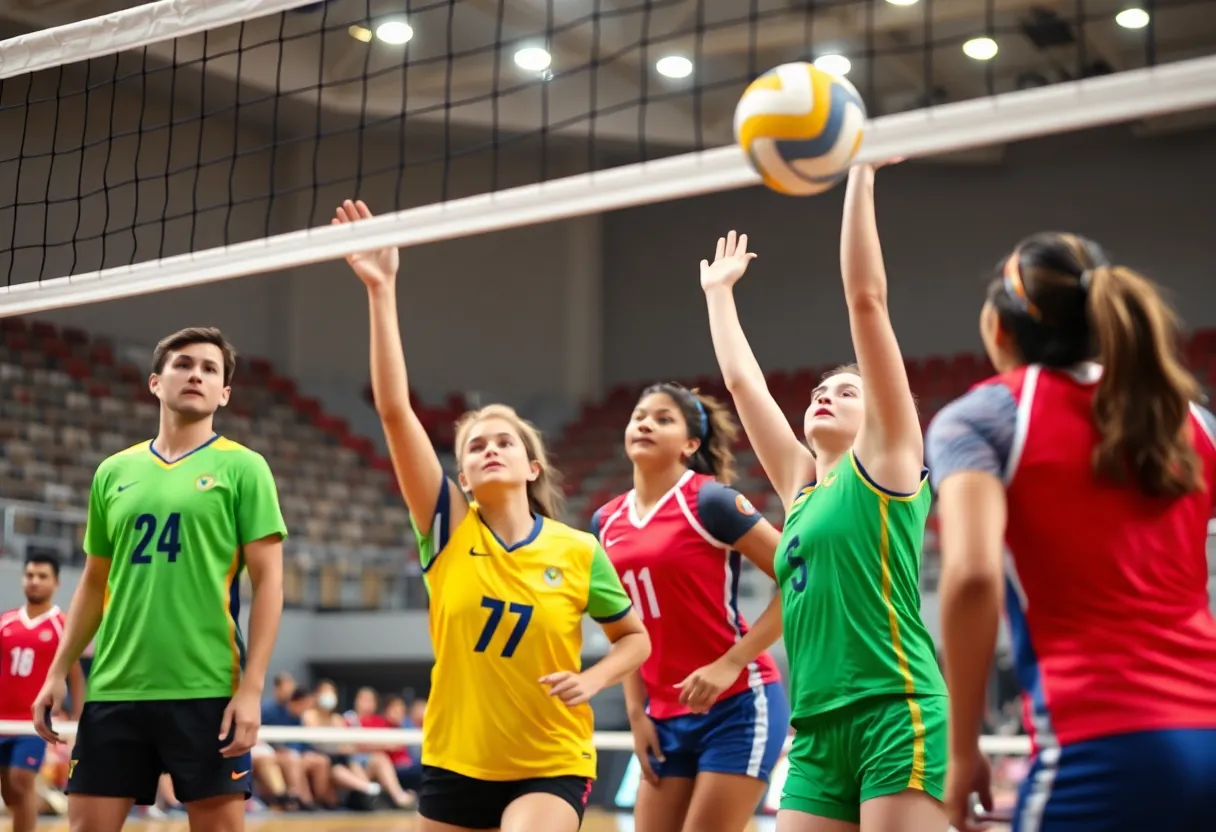 Volleyball court with players preparing for a match