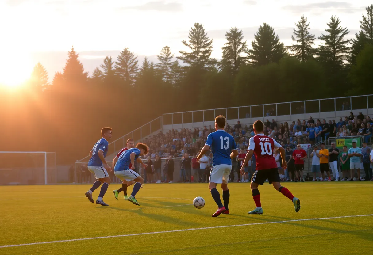 Soccer players from UNC Asheville and California competing on the field.