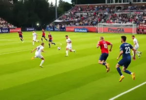 Collegiate soccer players from UNC Asheville and Radford competing on the field.