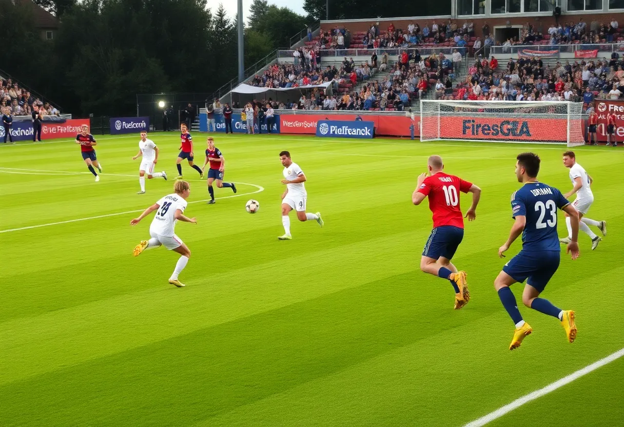Collegiate soccer players from UNC Asheville and Radford competing on the field.