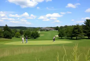 Women golfers competing at a scenic golf course during the Red Sky Classic.