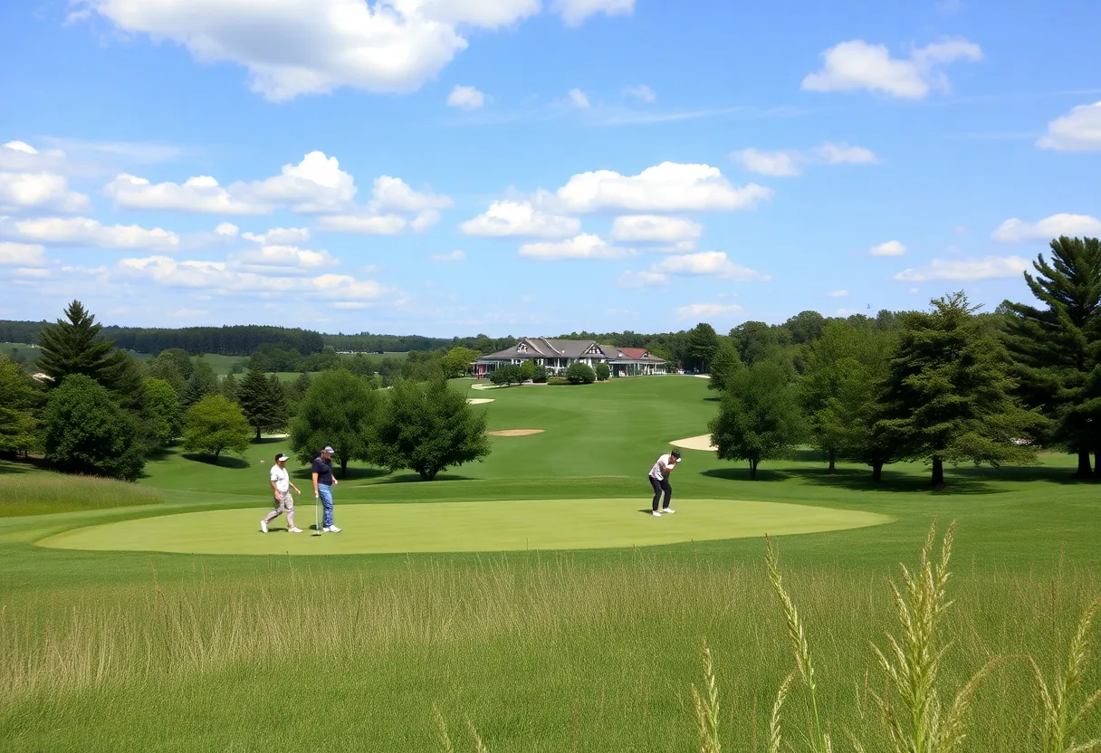 Women golfers competing at a scenic golf course during the Red Sky Classic.