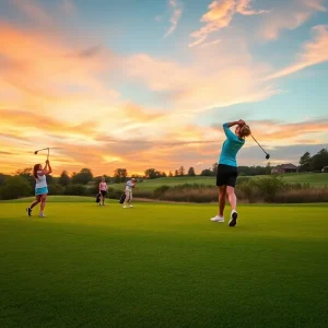 Collegiate women's golfers practicing on a lush green course.