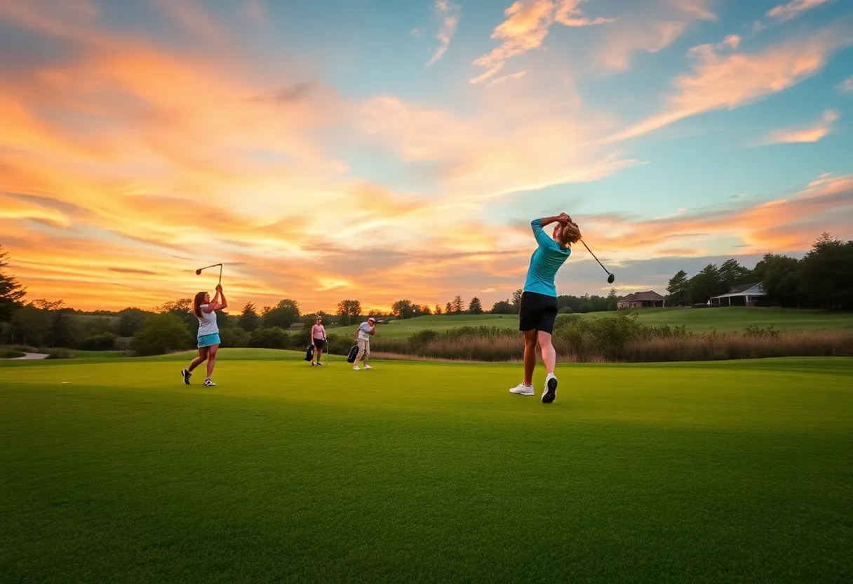 Collegiate women's golfers practicing on a lush green course.