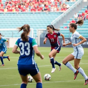 Women soccer players from UNC Asheville competing in a match.