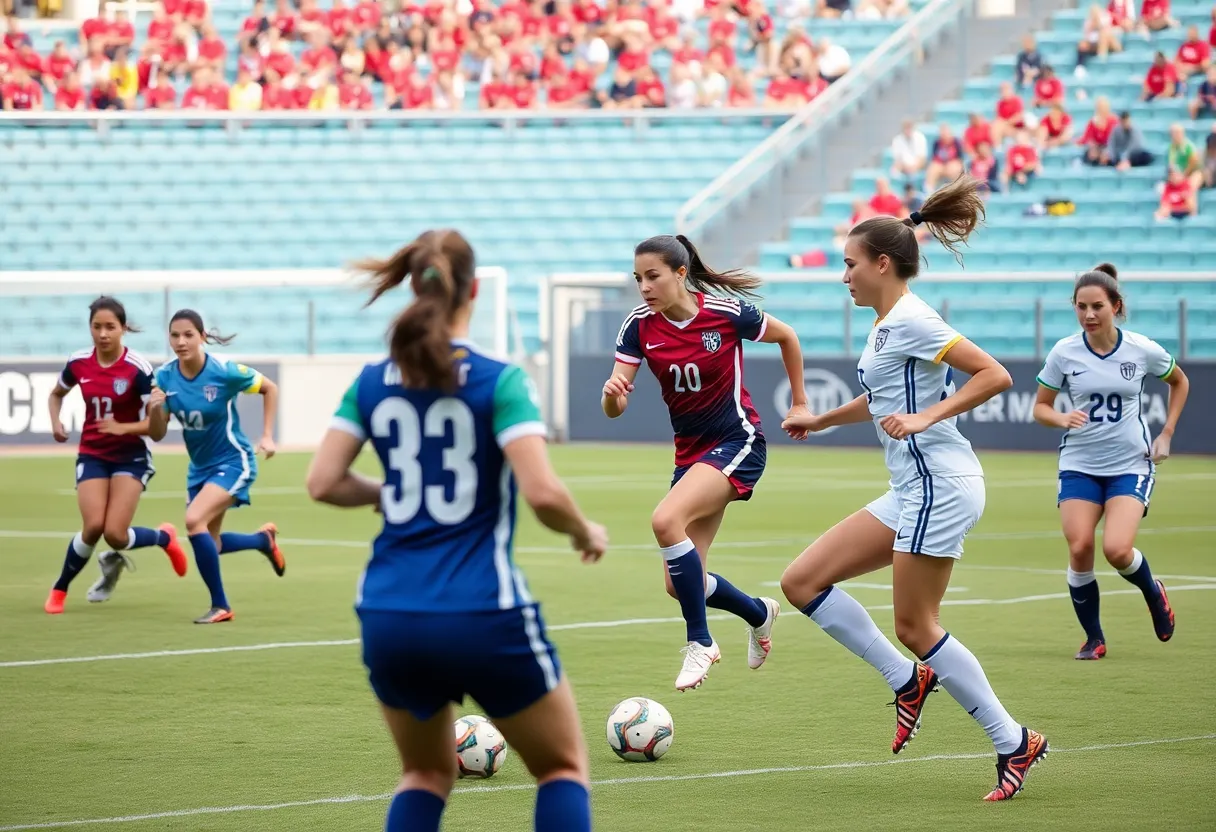 Women soccer players from UNC Asheville competing in a match.